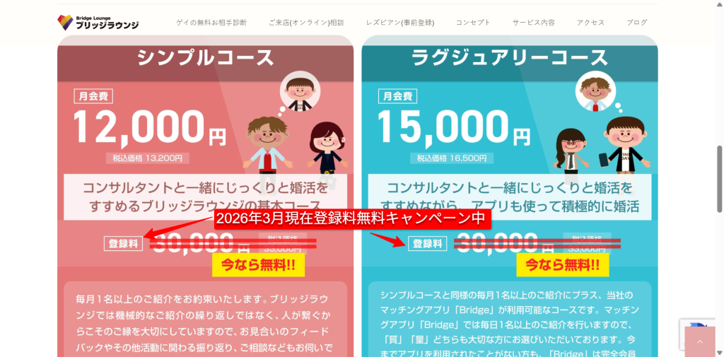 ブリッジラウンジ公式サイトの料金プラン部分(2026年3月時点)