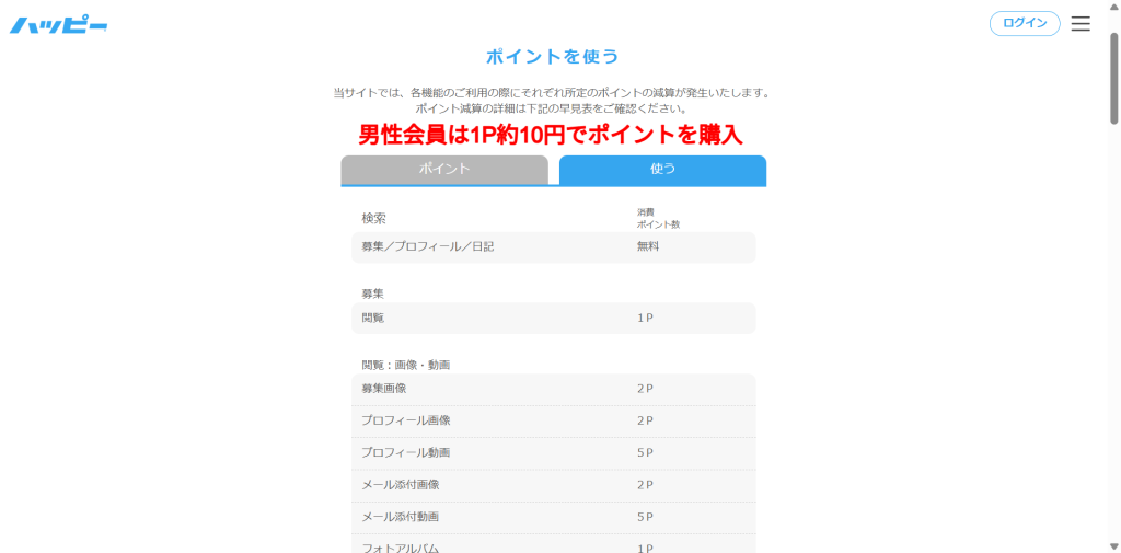 ハッピーメール公式サイトの男性会員向け料金表（2026年3月時点）