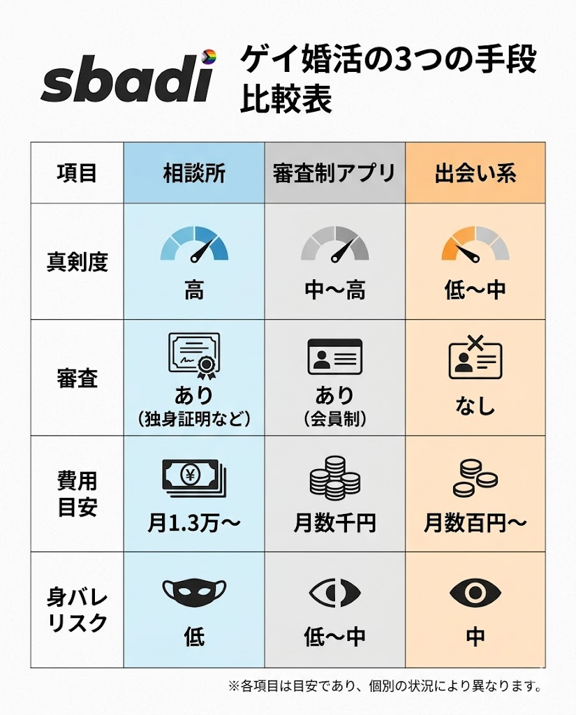 ゲイ婚活の3つの手段である相談所、審査制アプリ、出会い系の違いを図解。真剣度、審査の有無、費用目安、身バレリスクで比較