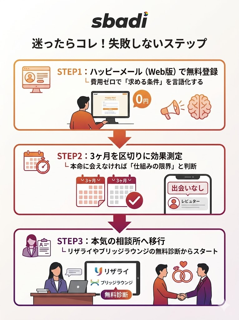 ゲイ婚活を失敗せずに進めるための3ステップを図解。ハッピーメールでの条件整理から始め、3ヶ月を目安にリザライやブリッジラウンジなどの相談所へ移行する流れ