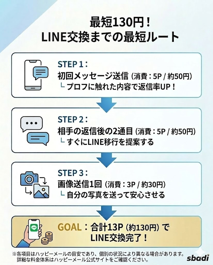 ハッピーメールでLINE交換までの最短ルートを図解。初回メッセージ、2通目、画像送信の合計13P（約130円）で交換する流れ