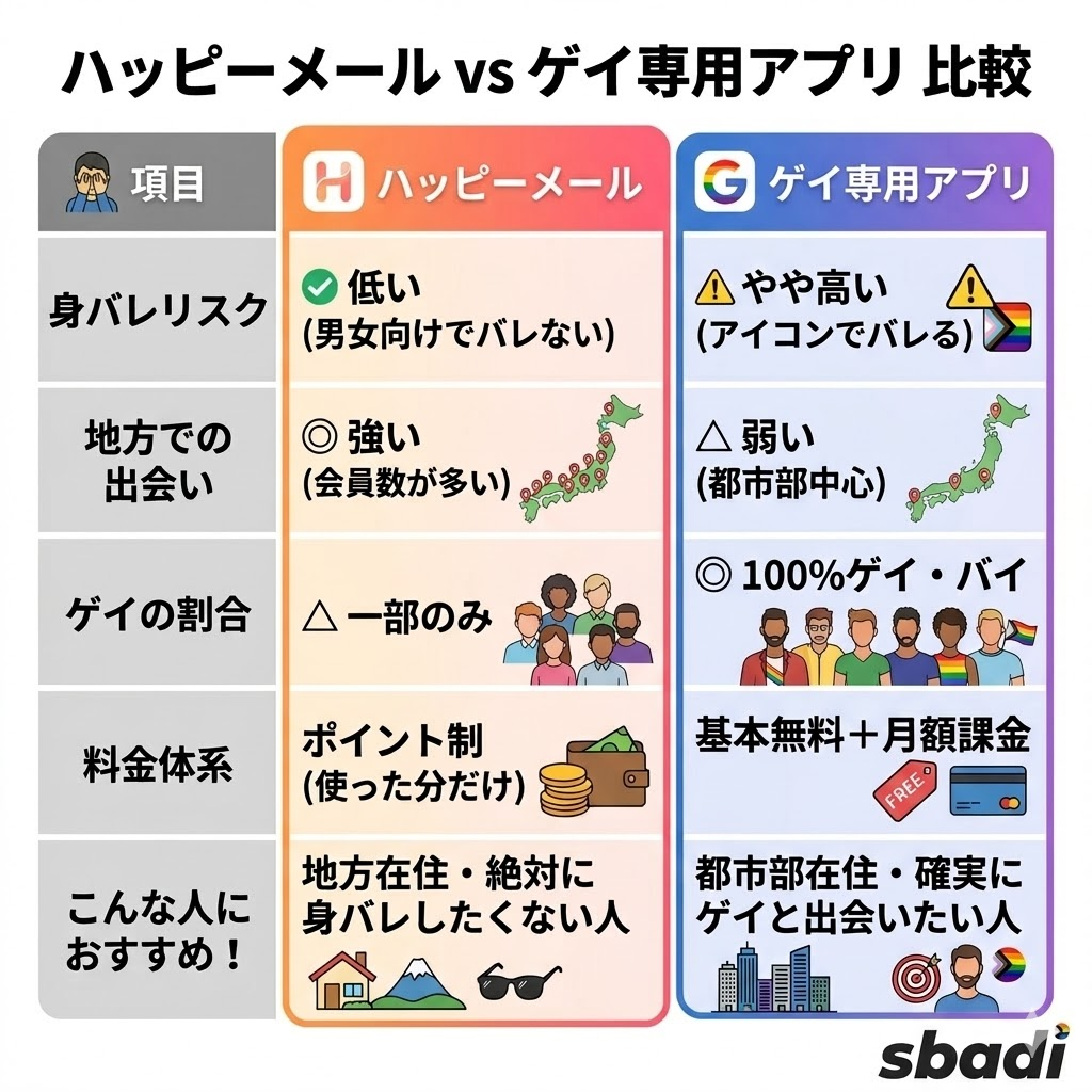ハッピーメールとゲイ専用アプリの比較表。身バレリスク、地方での出会いやすさ、ゲイの割合、料金体系、おすすめな人を比較