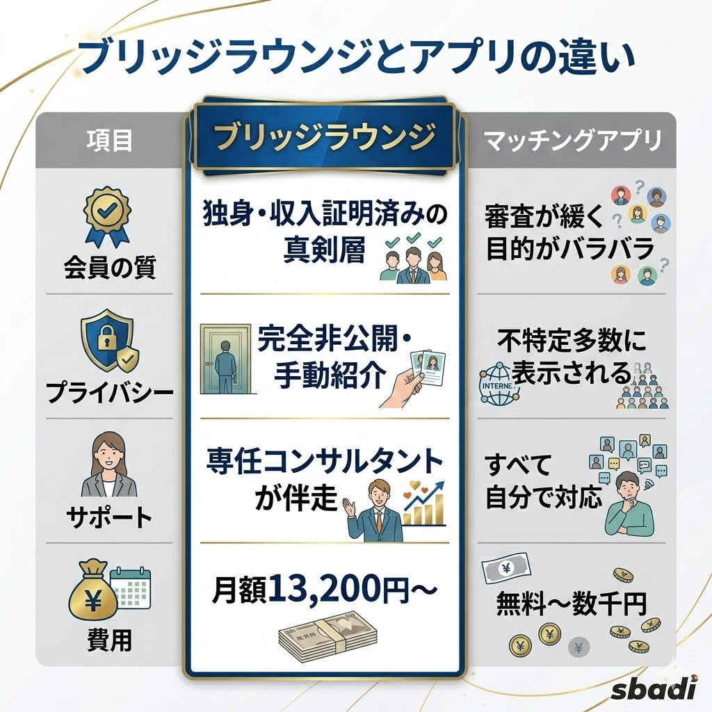 ブリッジラウンジとマッチングアプリの違いを比較。会員の質、プライバシー保護、サポート体制、費用面での違いを表で整理