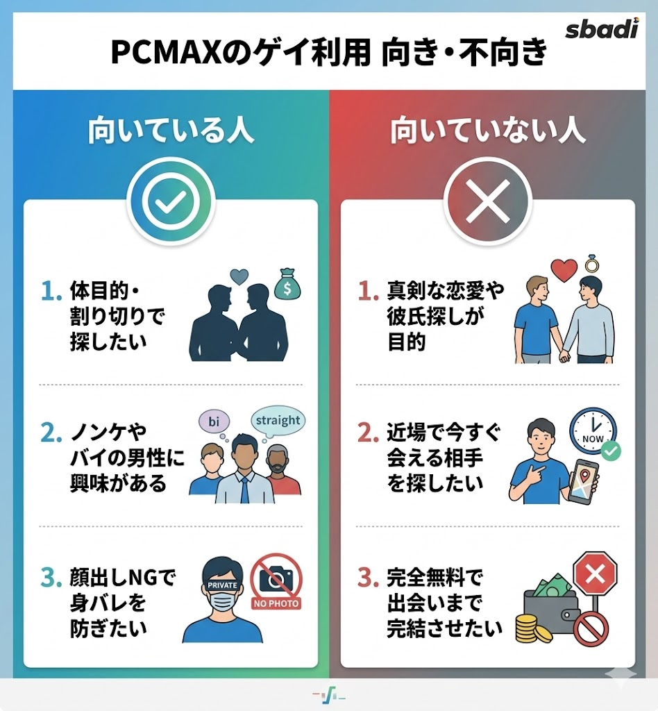 PCMAXのゲイ利用の向き・不向きを図解。割り切りやノンケ狙いには向いているが、真剣な恋愛や無料での出会いには向いていないことを対比