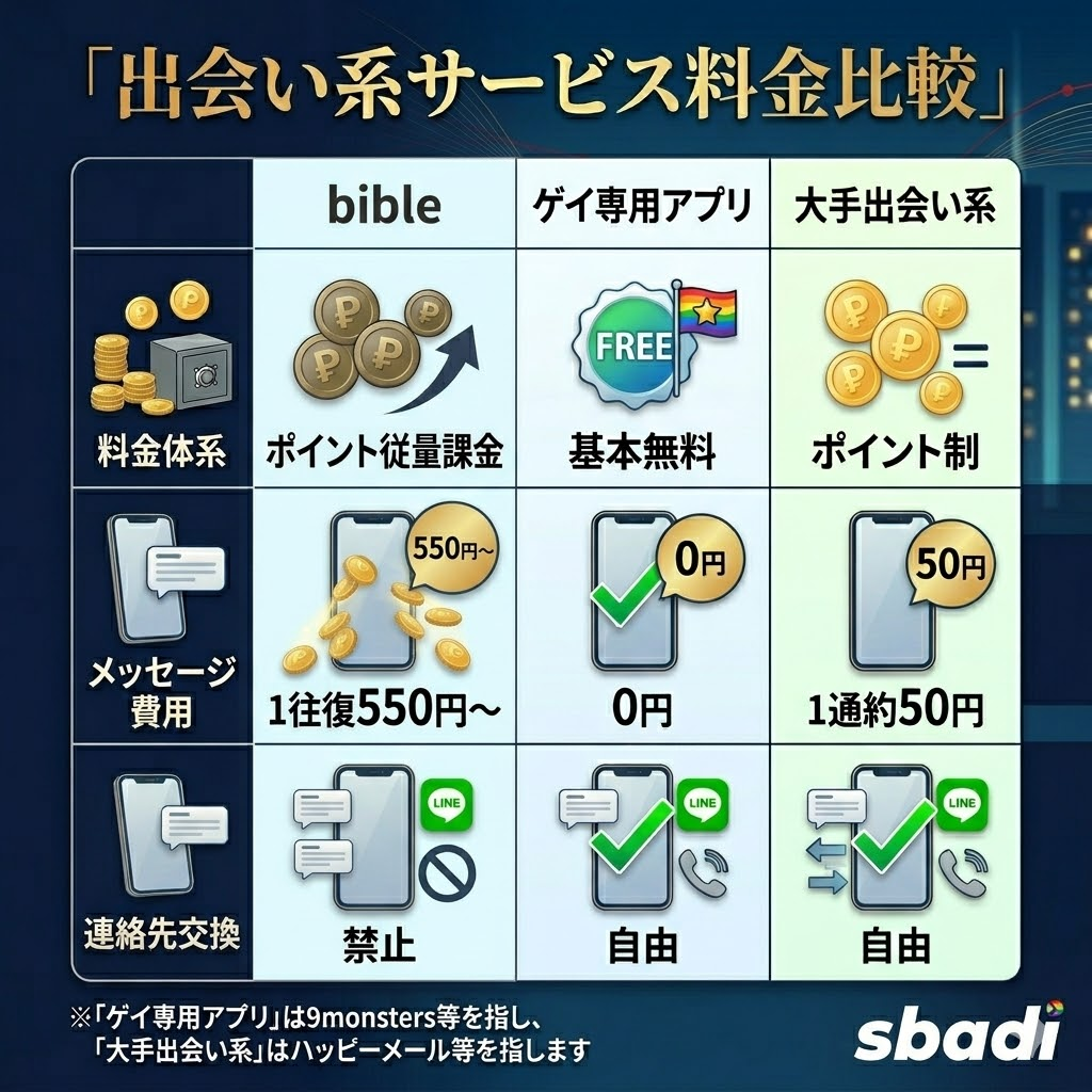 bibleと他サービスの料金比較表を図解。bibleが高額な従量課金で連絡先交換禁止であるのに対し、他は無料や低額で連絡先交換自由であることを比較