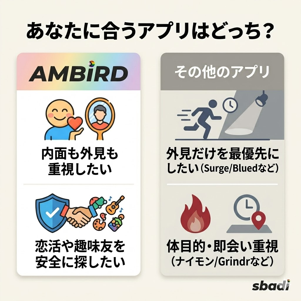 目的別のおすすめゲイアプリ。恋活・安全重視ならAMBIRD、即会い・外見重視ならその他のアプリを推奨