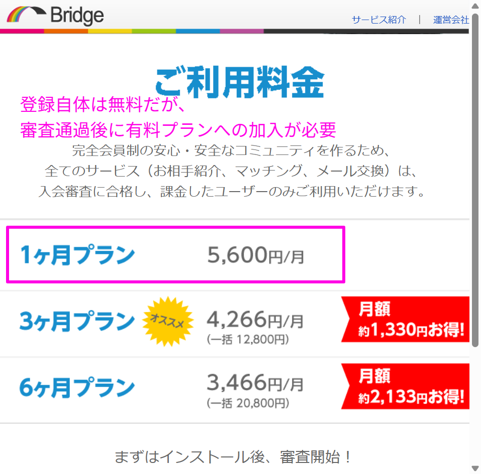 Bridge公式サイトに記載されている月額5,600円を含む各料金プランの表(2026年6月時点)
