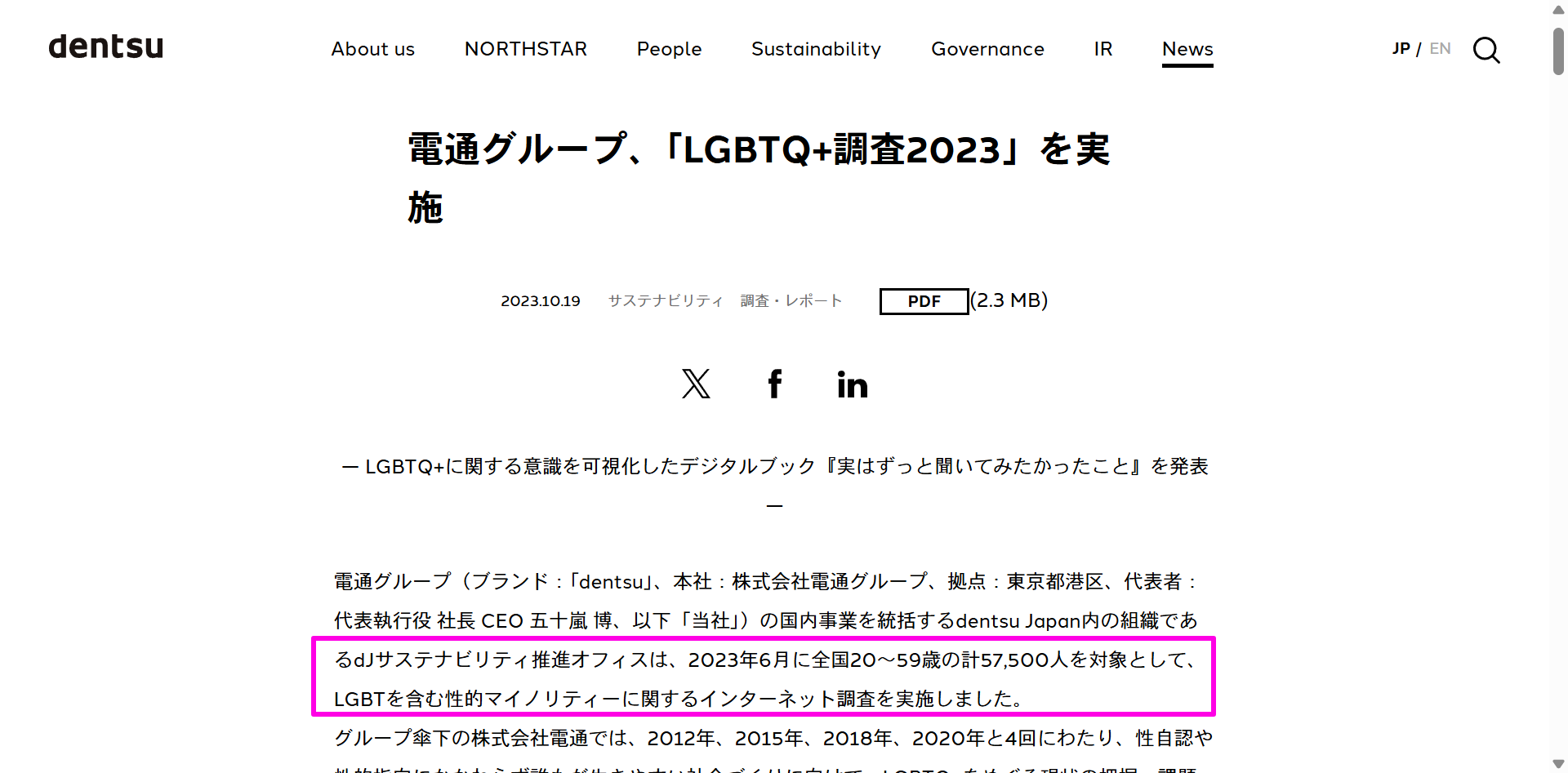 電通グループが実施したLGBTQ+調査2023の概要ページ