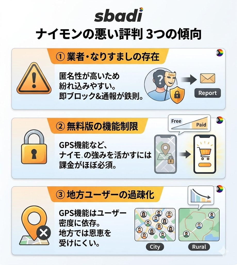 ナイモンの悪い評判3つの傾向を図解。業者・なりすましの存在、無料版の機能制限、地方ユーザーの過疎化について整理