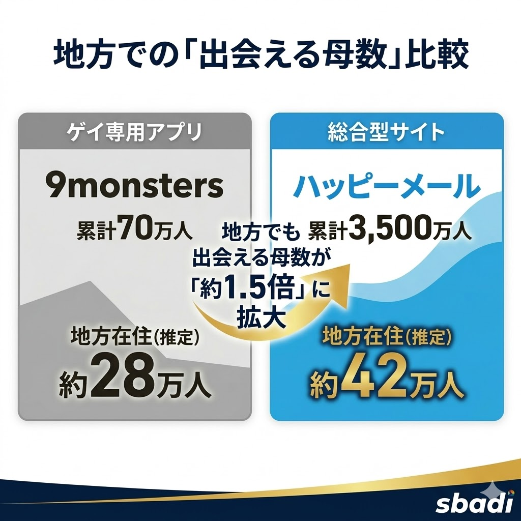 ゲイ専用アプリとハッピーメールの地方在住ゲイ推定数の比較図。ハッピーメールの方が母数が圧倒的に多いことを示す