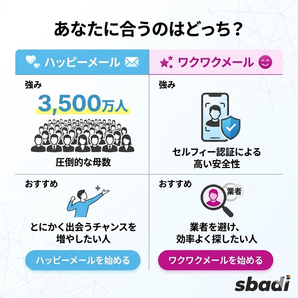 ハッピーメールとワクワクメールの強み比較表。目的別にどちらを選ぶべきかをガイド
