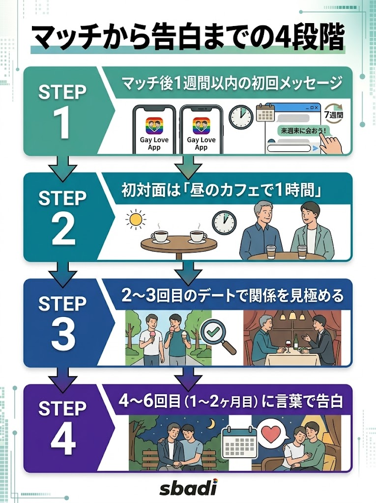 マッチから告白までの4段階を図解。初回メッセージから昼カフェでの初対面、見極めを経て告白する流れ