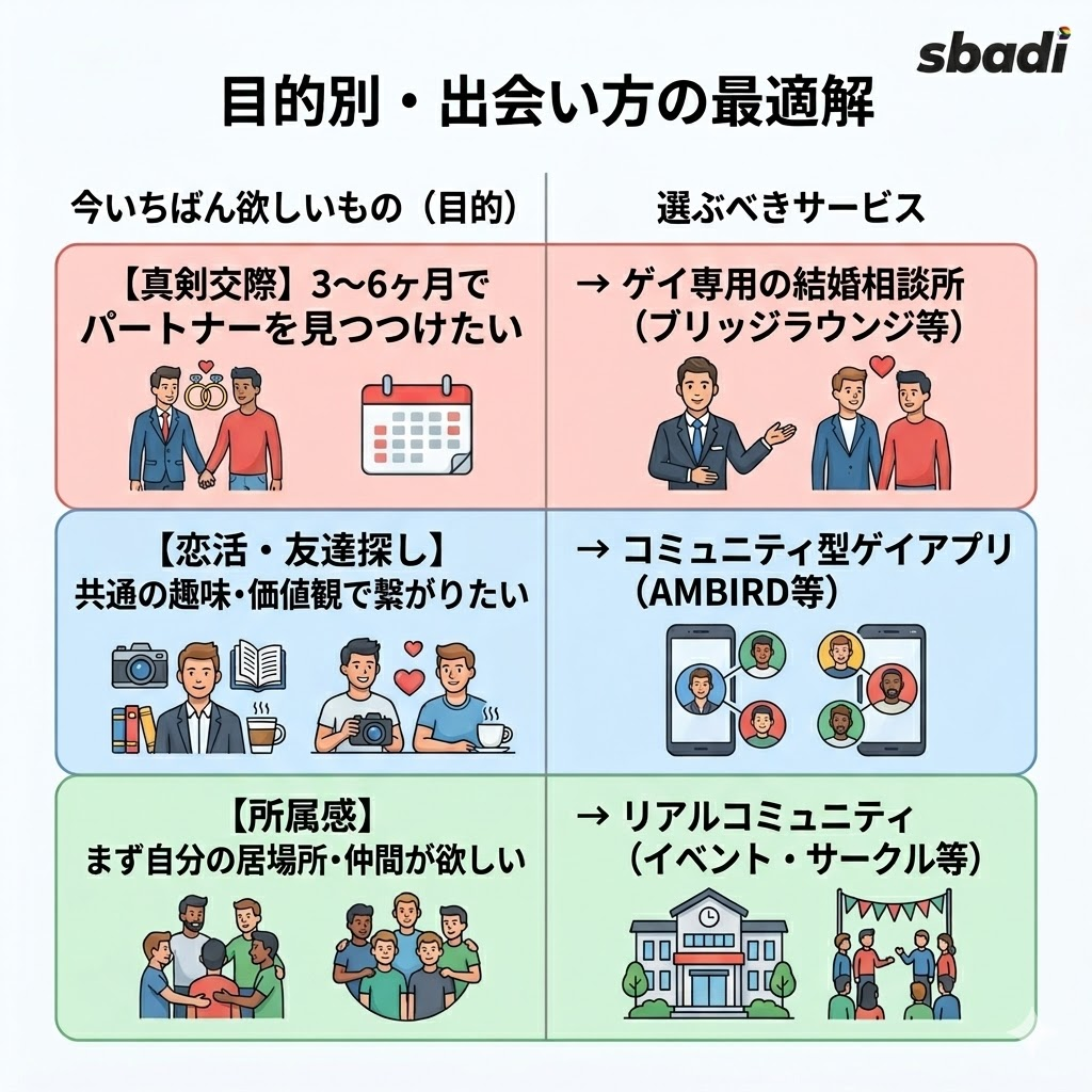 ゲイの出会い方を目的別に比較した表。真剣交際には結婚相談所、恋活や友達探しにはコミュニティ型アプリ、所属感にはリアルコミュニティを推奨