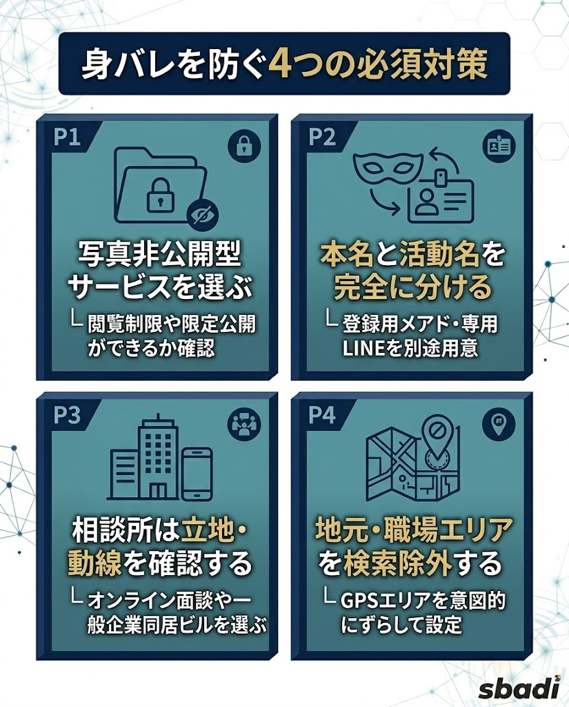 ゲイの出会いで身バレを防ぐ4つの対策。写真非公開型の選択、本名と活動名の分離、相談所の立地確認、地元・職場エリアの検索除外を図解