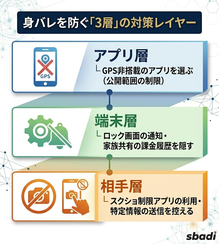 身バレを防ぐ3層の対策レイヤーを図解。アプリ層でのGPS回避、端末層での通知オフ、相手層でのスクショ制限について整理