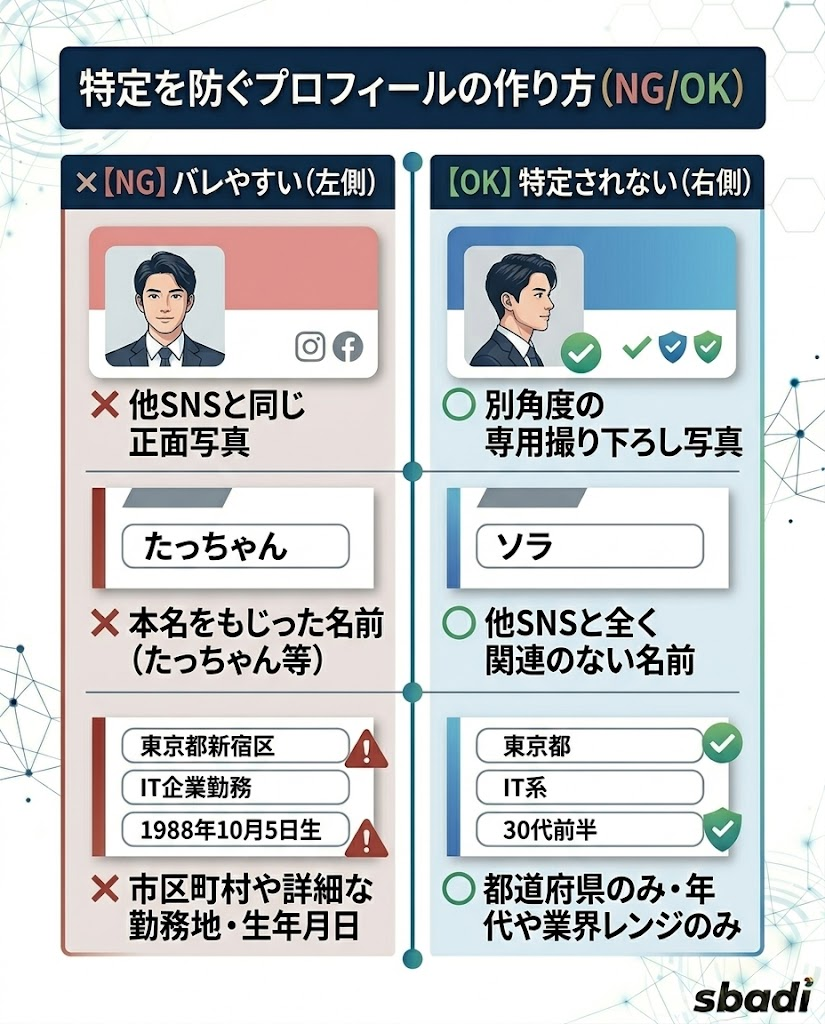 特定を防ぐプロフィールの作り方を図解。NGなSNS流用写真や詳細情報と、OKな専用写真や抽象化した情報の書き方を左右で対比