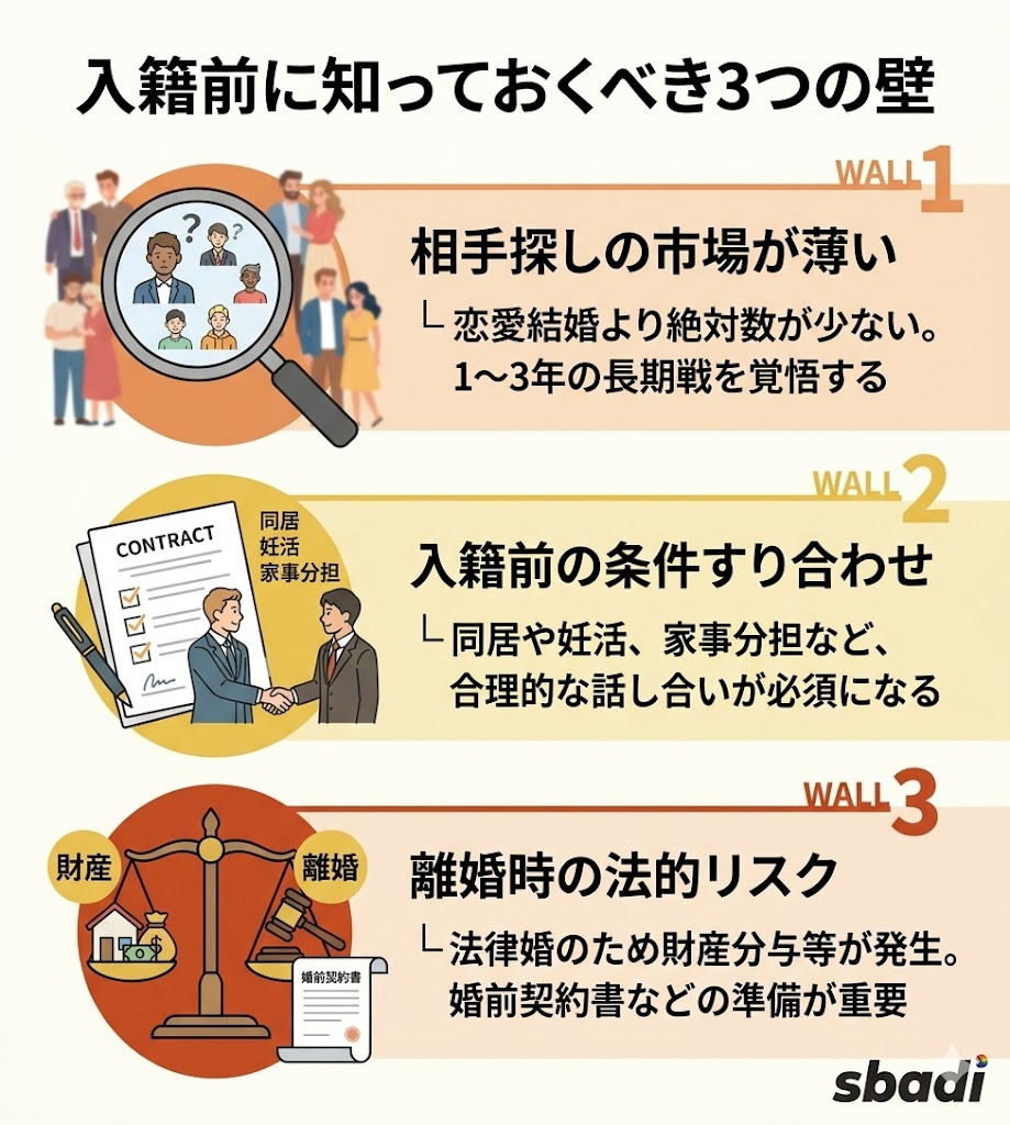 友情結婚における3つの壁を図解。相手探しの長期化、入籍前の条件すり合わせの負担、離婚時の財産分与リスクについて解説