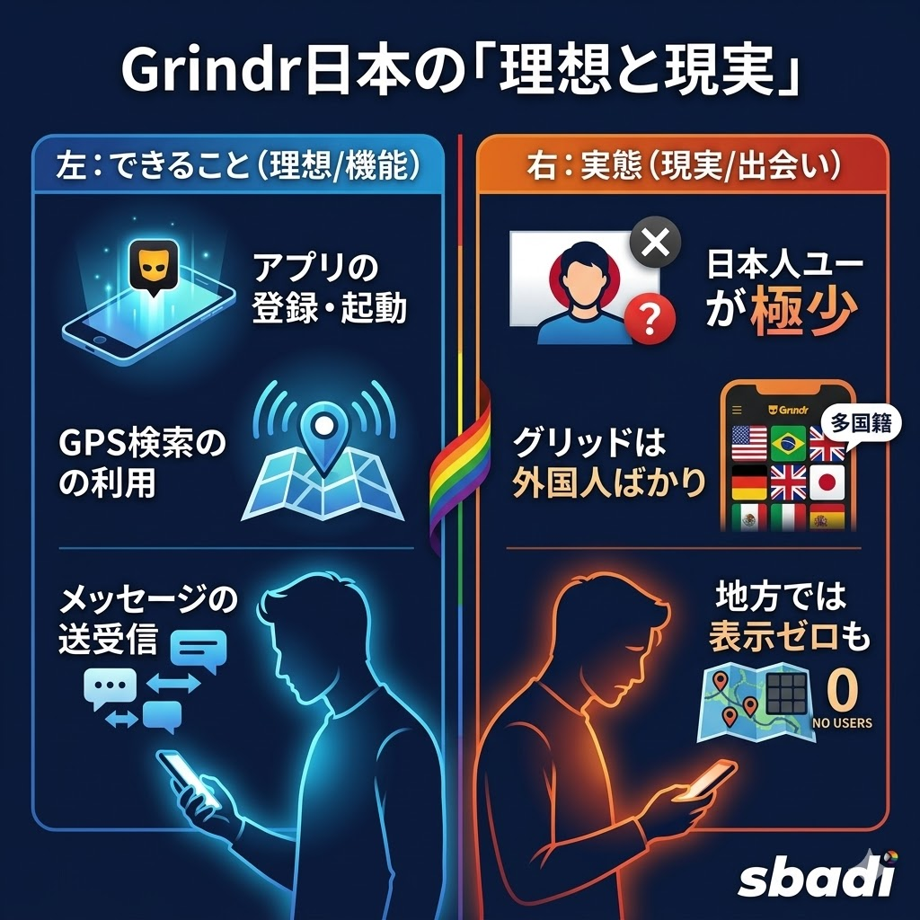 Grindr日本での利用実態を図解。機能は正常に使えるが、日本人ユーザーが非常に少ないという現実を対比。