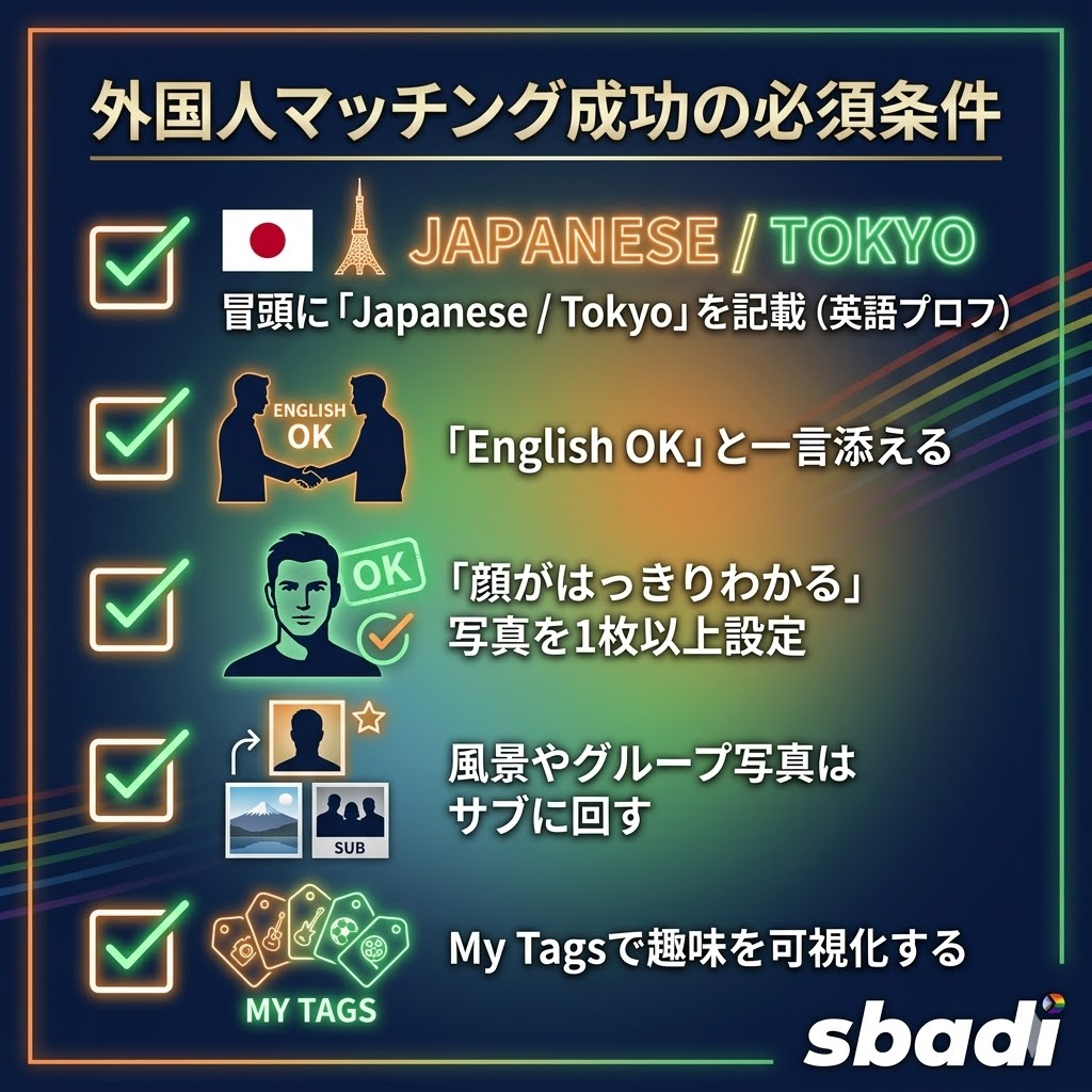 Grindrで外国人と出会うためのプロフィール設定チェックリスト。英語表記や顔写真の重要性を提示。