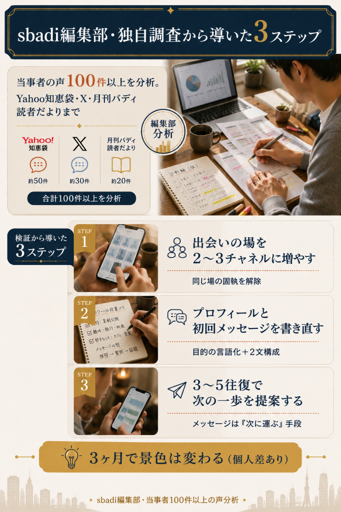 sbadi編集部が当事者の声100件以上を分析して導き出した3ステップ（チャネル併用・プロフィール書き直し・次の一歩の提案）の独自フレームワーク図解