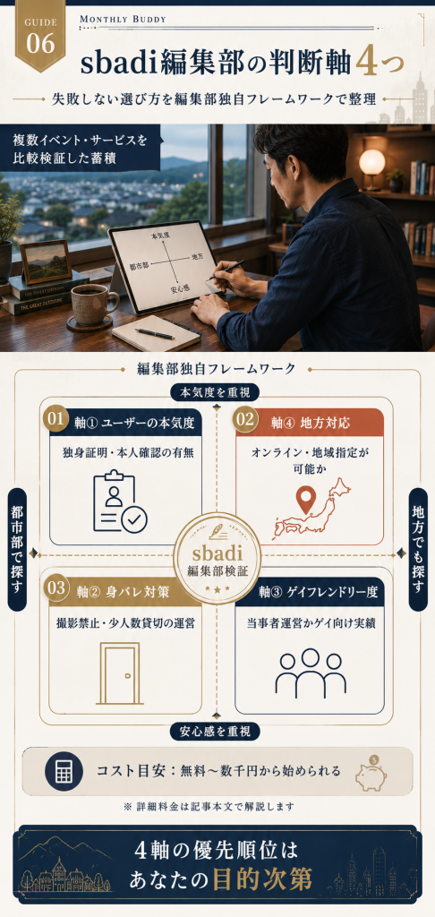 sbadi編集部の独自フレームワーク・LGBT出会いイベント判断軸4つ(本気度・身バレ対策・ゲイフレンドリー度・地方対応)を2×2マトリクスで整理
