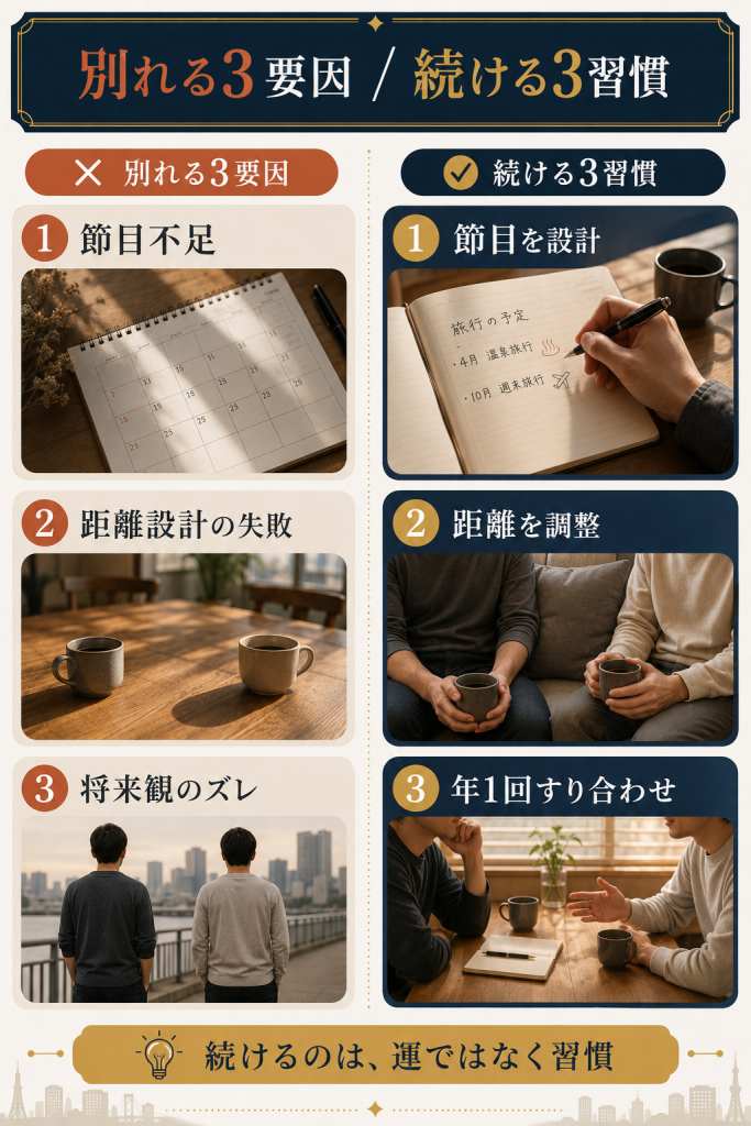 ゲイカップルが別れる3要因（節目不足・距離設計失敗・将来観のズレ）と続く3習慣（節目を設計・距離を調整・年1回すり合わせ）の対比図解