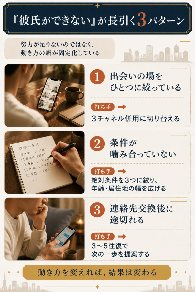 ゲイの彼氏ができない期間が長引く3パターン（場の固執・条件の不整合・連絡先交換後の途切れ）と打ち手を整理した図解