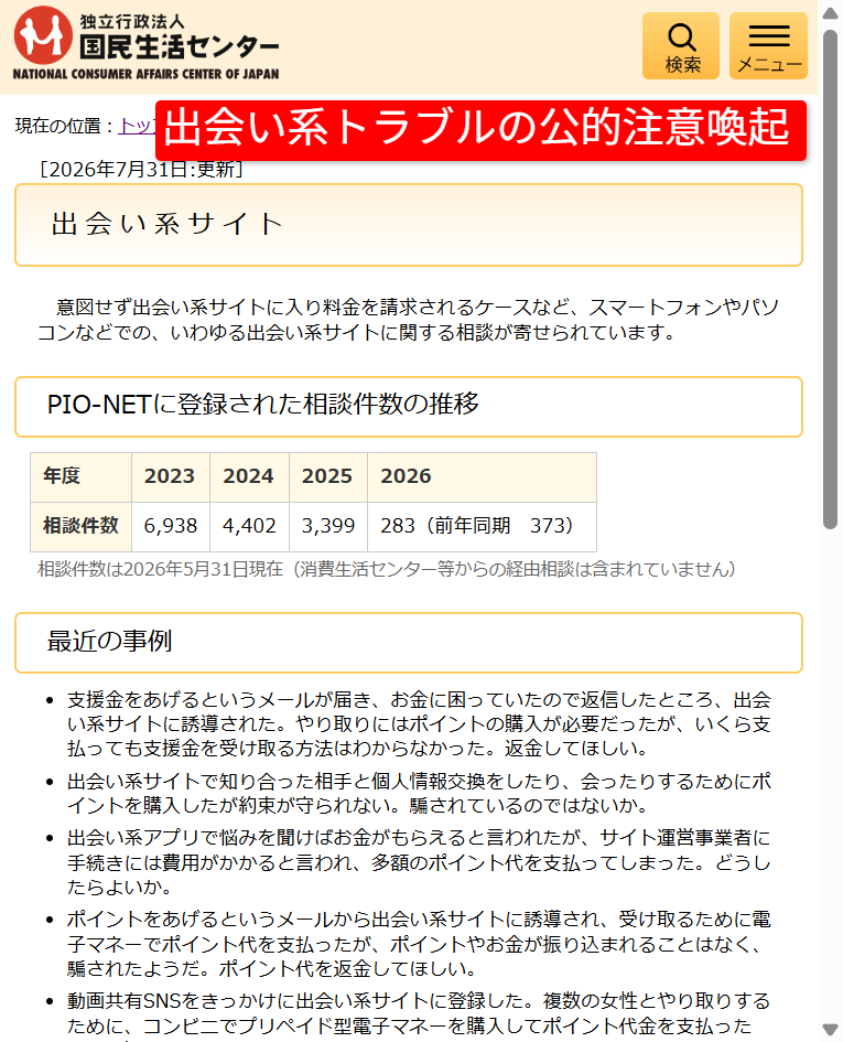 国民生活センターの出会い系トラブル注意ページ