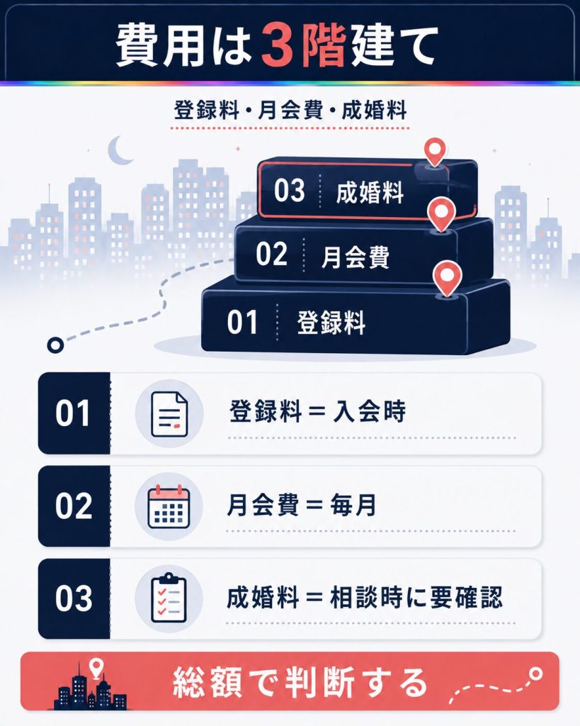 登録料・月会費・成婚料の3階建て構造の図