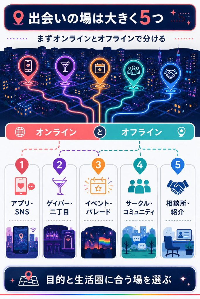 出会いの場をオンラインとオフラインに整理した図