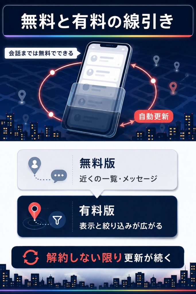 Grindrの無料版と有料版でできることの違いを整理した比較図