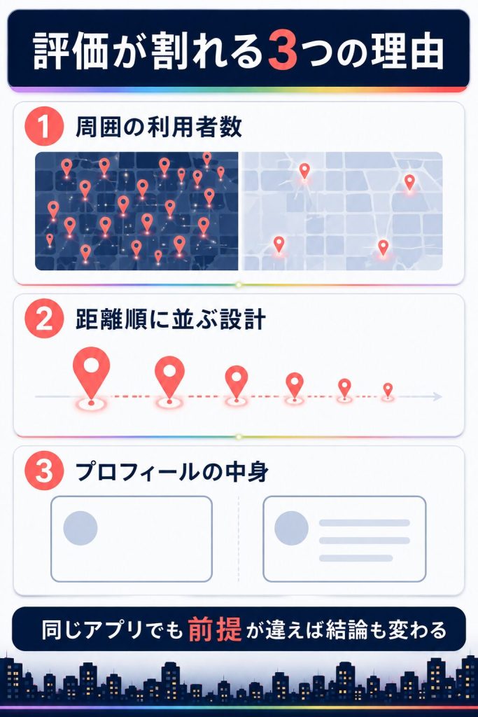 Grindrの評価が人によって割れる3つの理由を整理した解説図