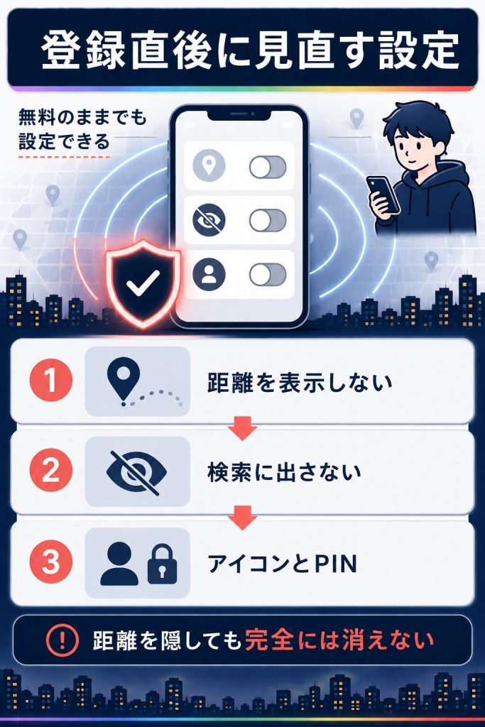 Grindrの身バレ対策として登録直後に見直す設定手順の図