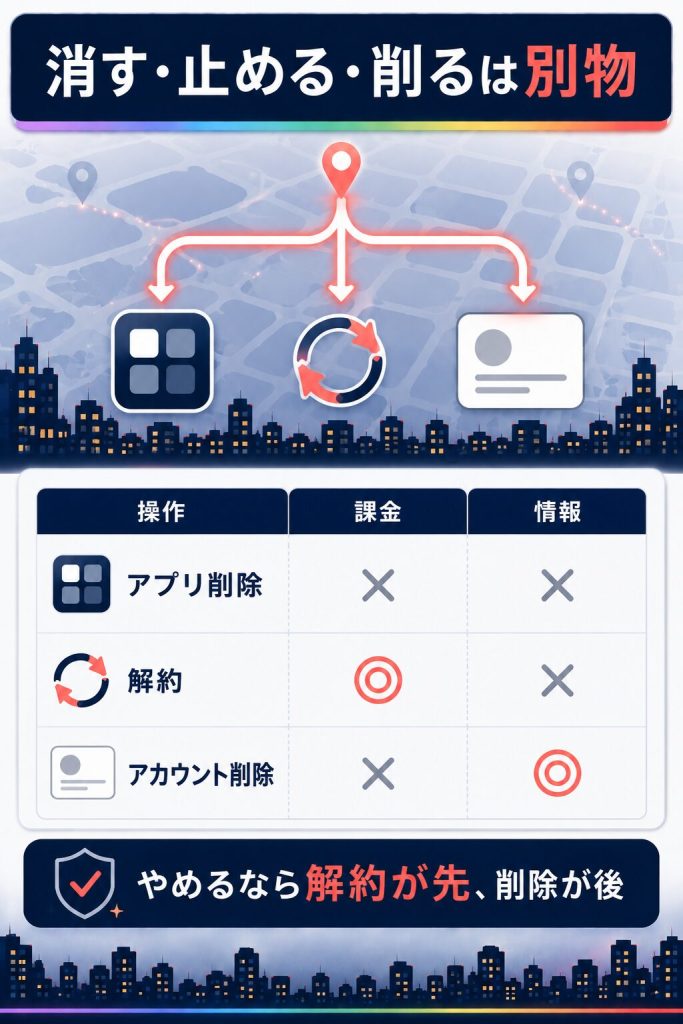 Grindrのアプリ削除・解約・アカウント削除の違いの比較図