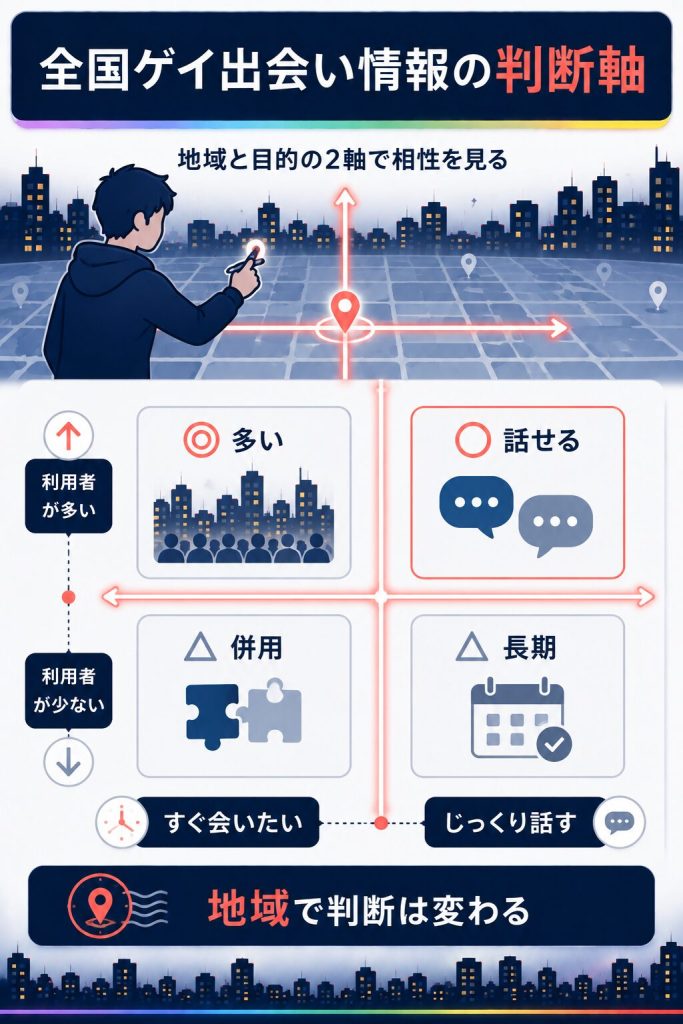 地域と目的の2軸でGrindrとの相性を判断するマトリクス図