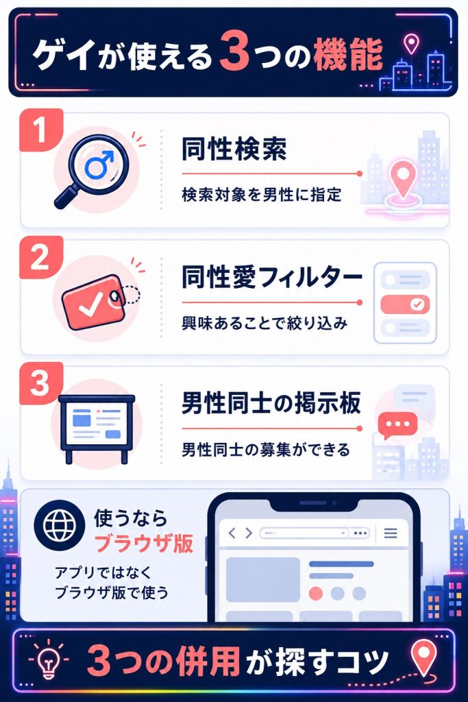 ゲイが使える3つの機能とブラウザ版の図解