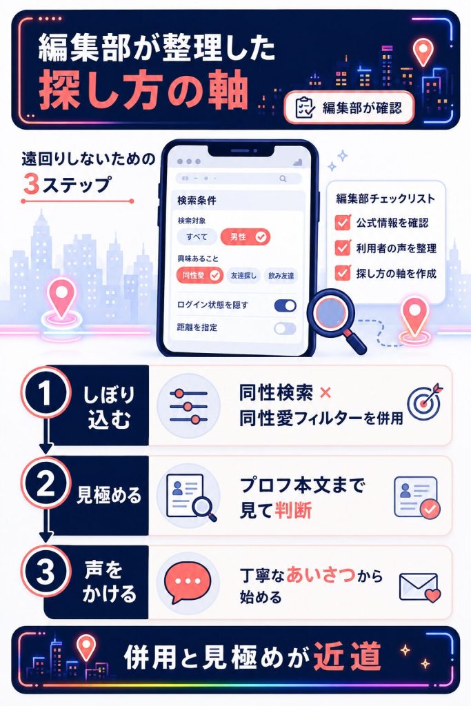 編集部が整理した同性の探し方の軸の図