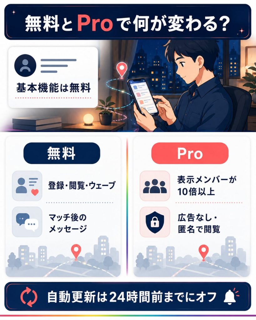 Jack'd無料版とPro版の違いを比べた図