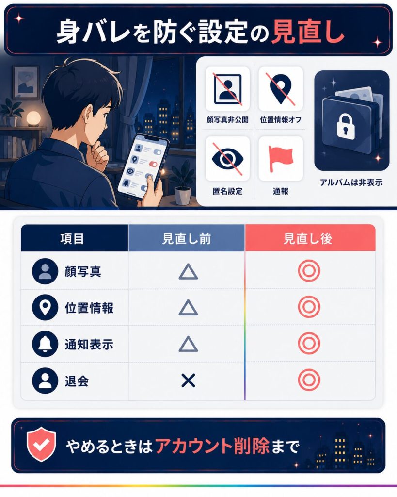身バレを防ぐ設定の見直し前後の比較表