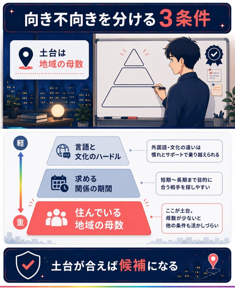 向き不向きを分ける3条件の階層図