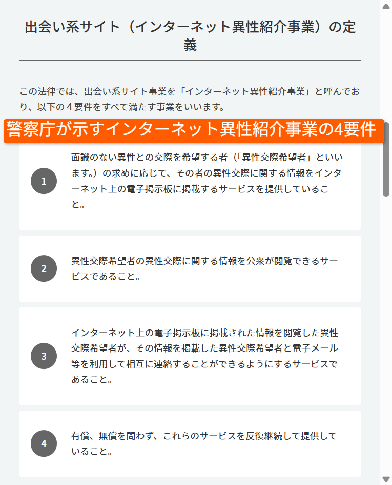 警察庁が示すインターネット異性紹介事業の4要件