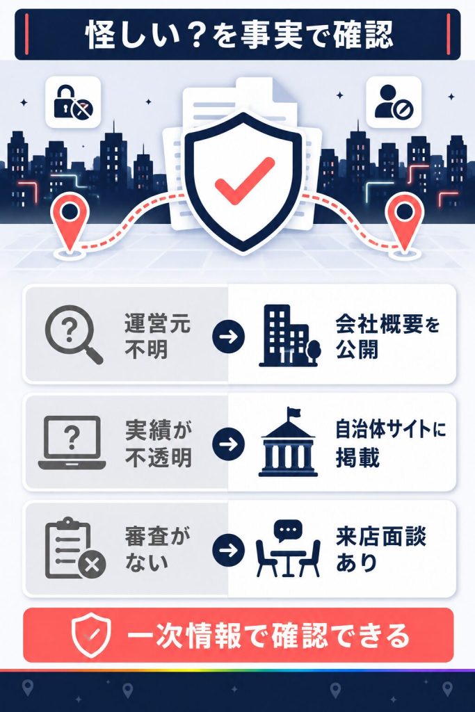 よくある疑念と確認できた事実を対比した図解