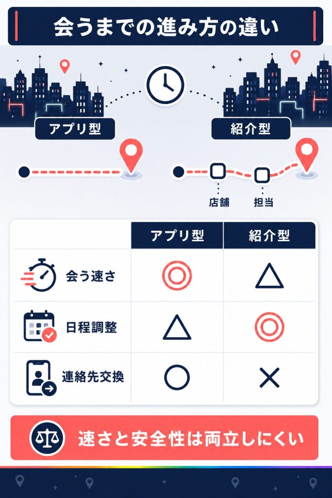 アプリ型と紹介型で会うまでの進み方を比べた図解