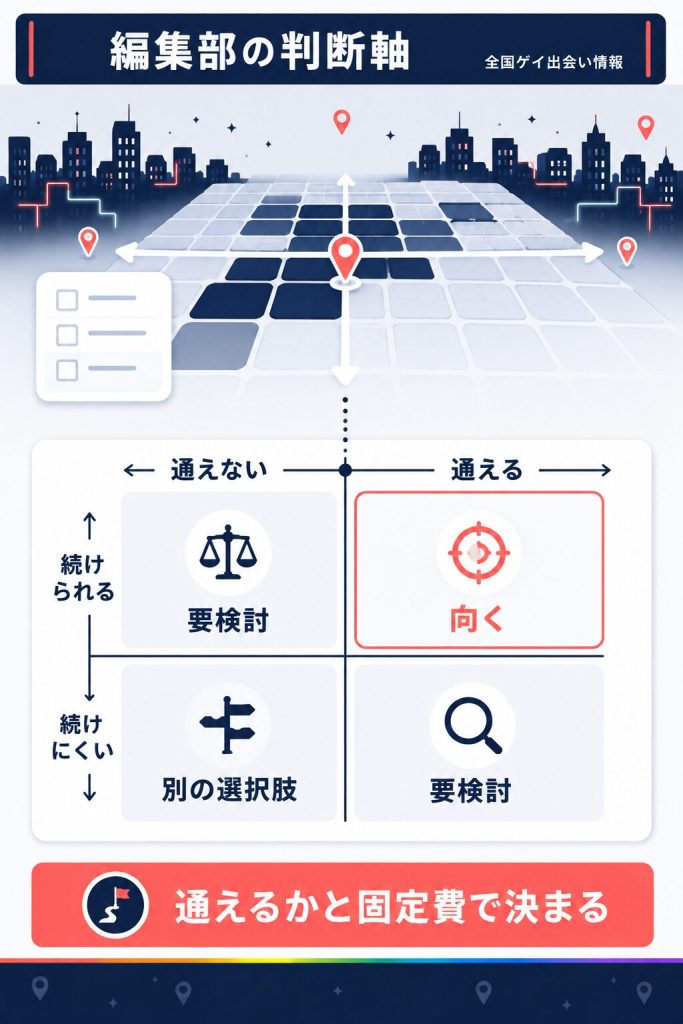 通えるかと固定費で判定する2軸マトリクスの図解