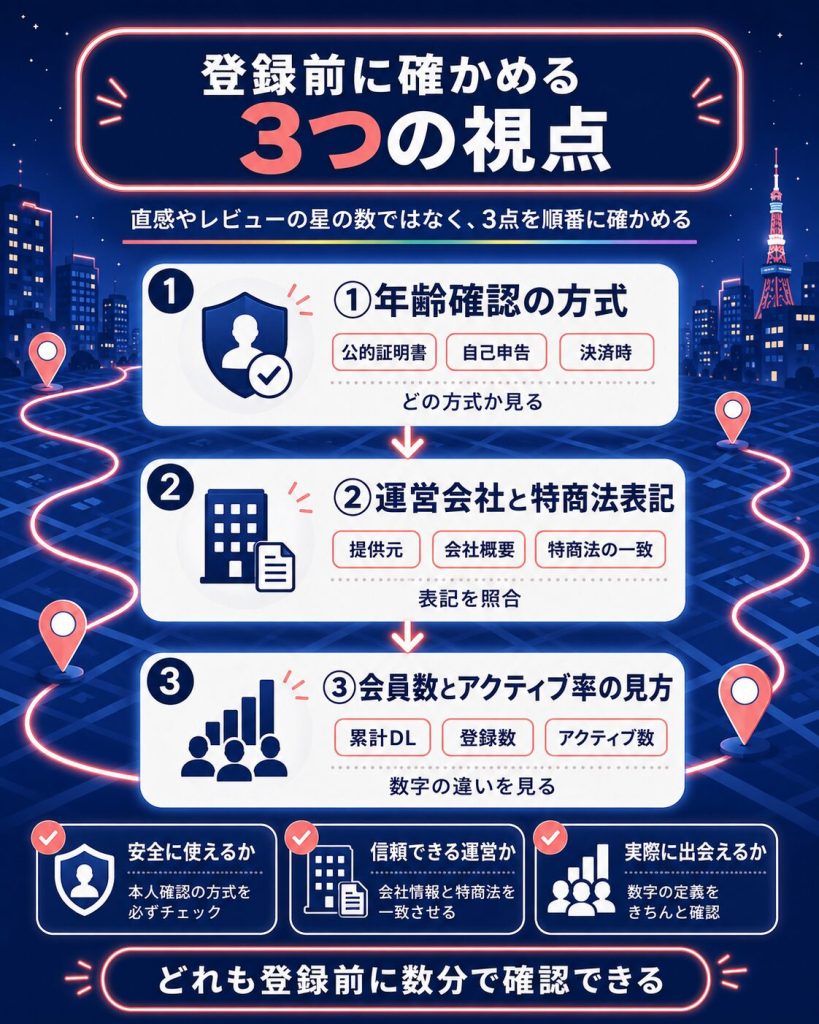 アプリ選びの3つの判断軸を順に示した図
