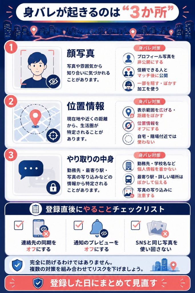 身バレが起きる3か所と登録直後の対策を示した図