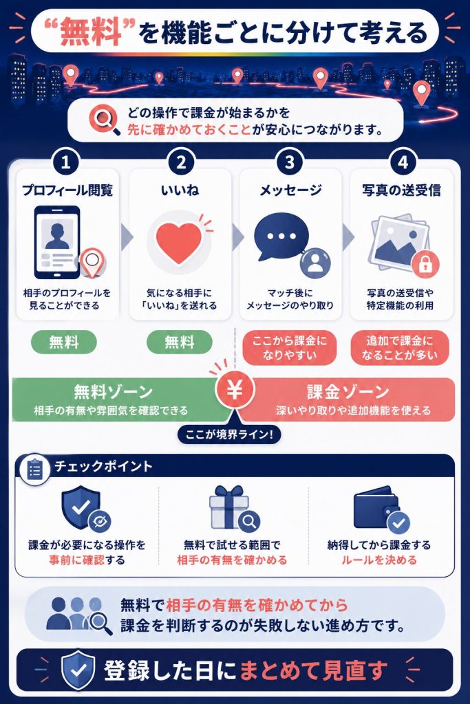 無料でできる範囲と課金が始まる場面を段階で示した図