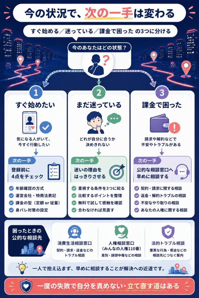 状況別の次の一手と相談先を分岐で整理した図